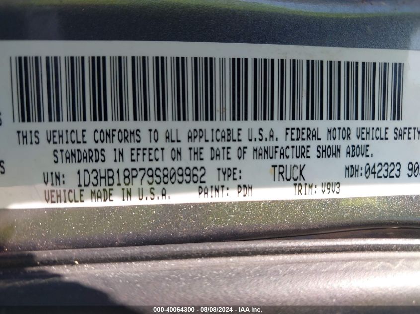 2009 Dodge Ram 1500 Slt/Sport/Trx VIN: 1D3HB18P79S809962 Lot: 40064300