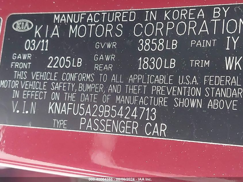 2011 Kia Forte Ex VIN: KNAFU5A29B5424713 Lot: 40064355