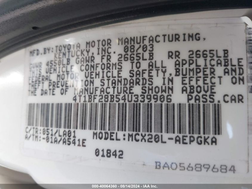 2004 Toyota Avalon Xls VIN: 4T1BF28B54U339906 Lot: 40064360