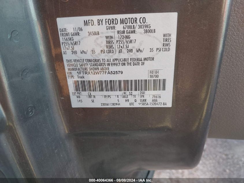 2007 Ford F-150 Stx/Xl/Xlt VIN: 1FTRX12W77FA52579 Lot: 40064366
