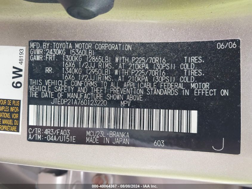 2006 Toyota Highlander V6 VIN: JTEDP21A760123220 Lot: 40064367