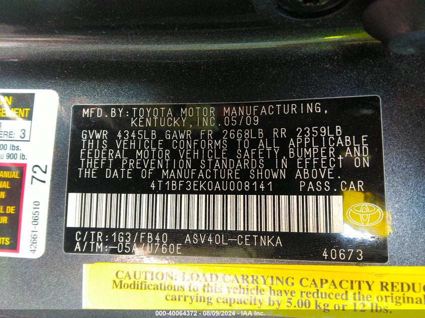 2010 Toyota Camry Le VIN: 4T1BF3EK0AU008141 Lot: 40064372