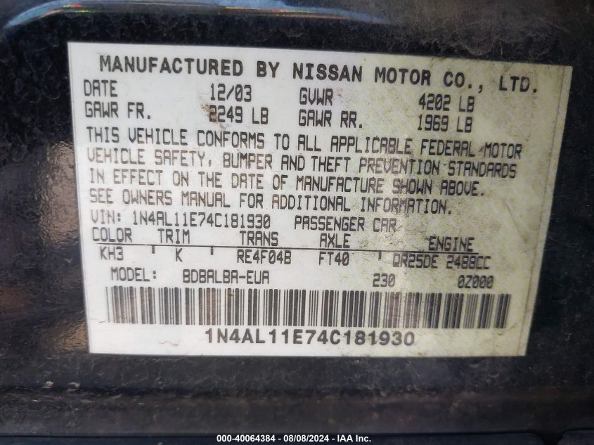 2004 Nissan Altima 2.5 S VIN: 1N4AL11E74C181930 Lot: 40064384