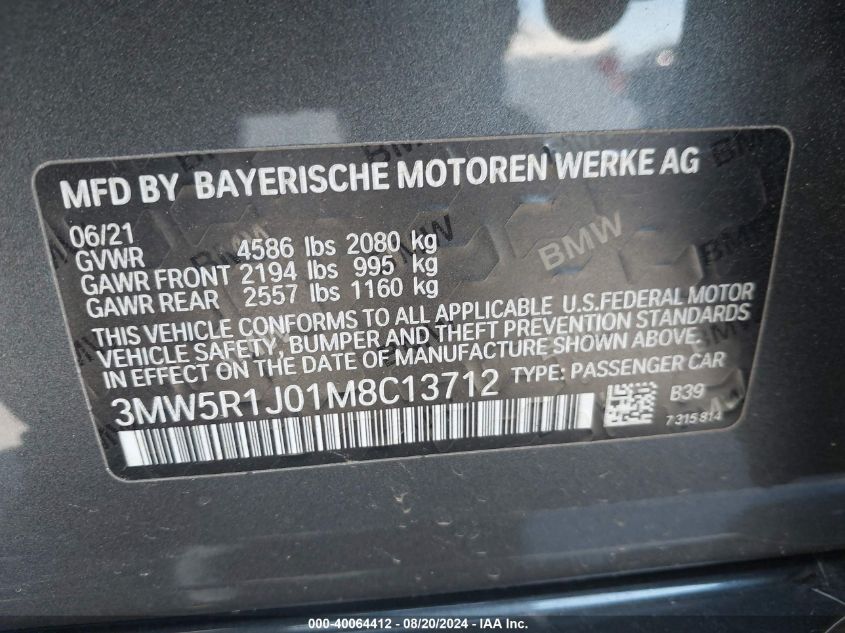 2021 BMW 330I VIN: 3MW5R1J01M8C13712 Lot: 40064412