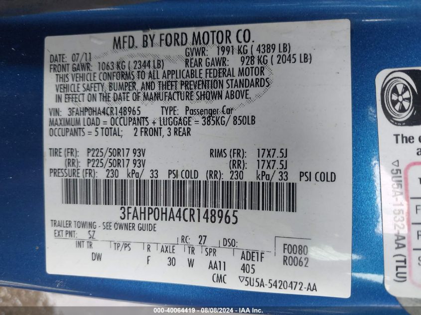 2012 Ford Fusion Se VIN: 3FAHP0HA4CR148965 Lot: 40064419