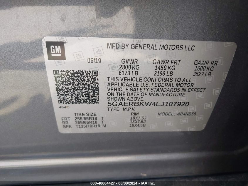 2020 Buick Enclave Fwd Essence VIN: 5GAERBKW4LJ107920 Lot: 40064427