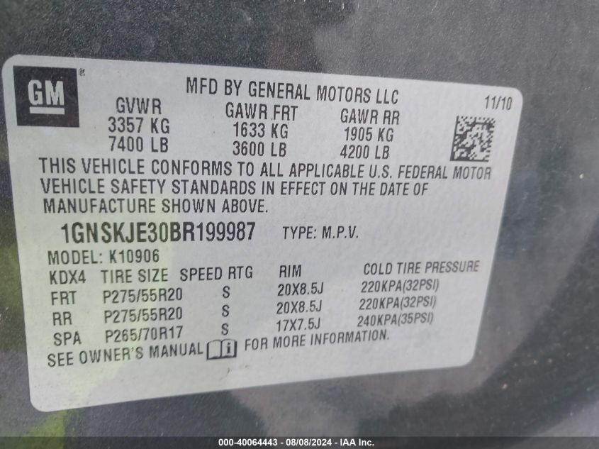 2011 Chevrolet Suburban 1500 Lt1 VIN: 1GNSKJE30BR199987 Lot: 40064443