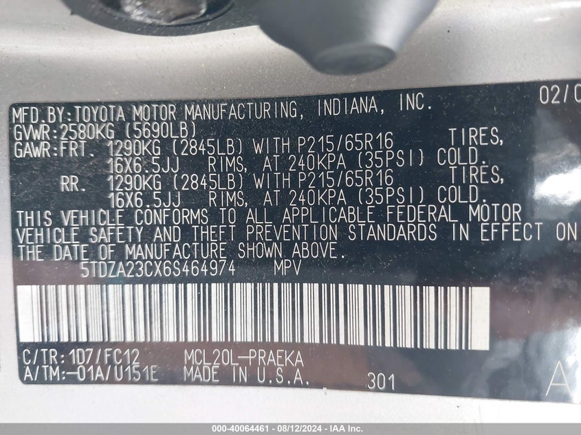 2006 Toyota Sienna Le VIN: 5TDZA23CX6S464974 Lot: 40064461