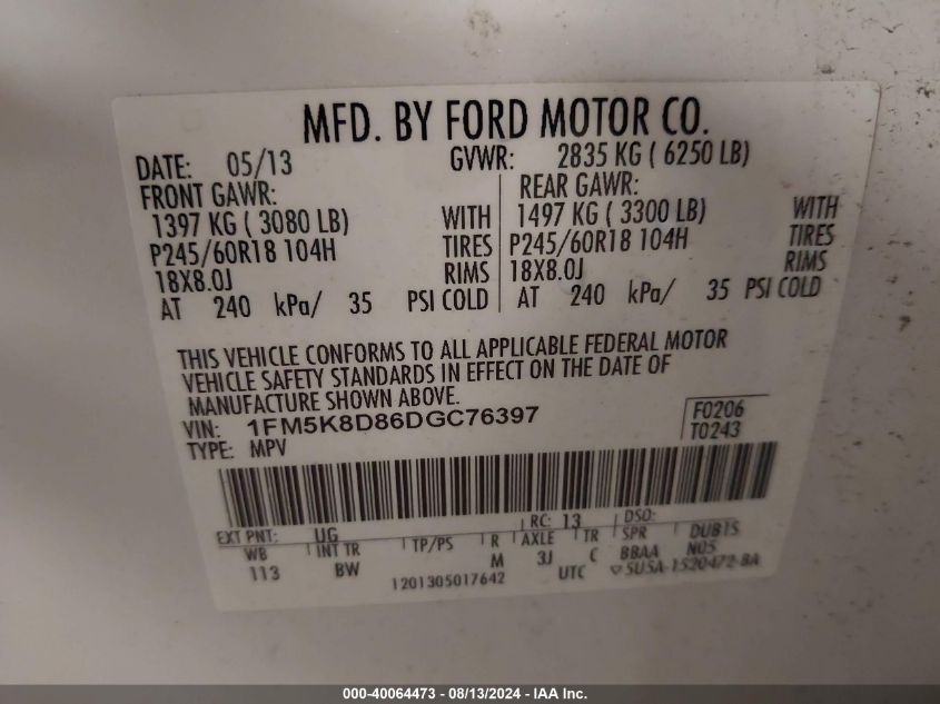 2013 Ford Explorer Xlt VIN: 1FM5K8D86DGC76397 Lot: 40064473