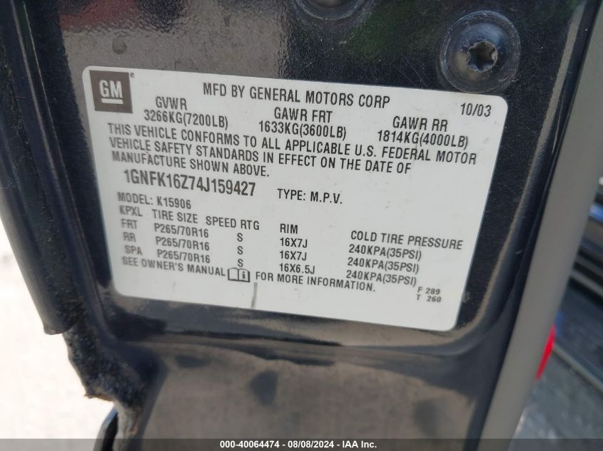 2004 Chevrolet Suburban 1500 Lt VIN: 1GNFK16Z74J159427 Lot: 40064474
