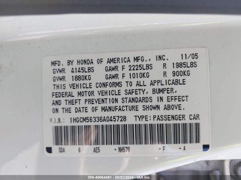 2006 Honda Accord 2.4 Se VIN: 1HGCM56336A045728 Lot: 40064491