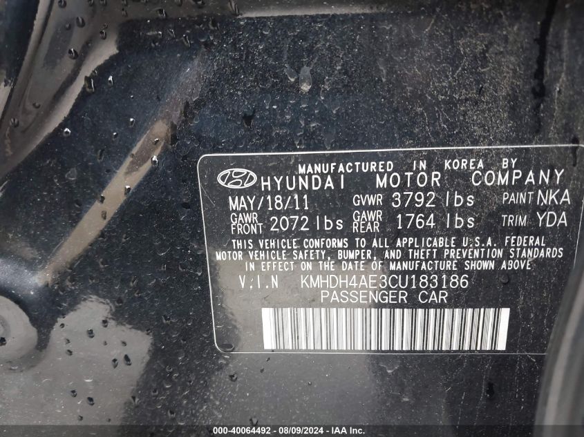 2012 Hyundai Elantra Gls (Ulsan Plant) VIN: KMHDH4AE3CU183186 Lot: 40064492