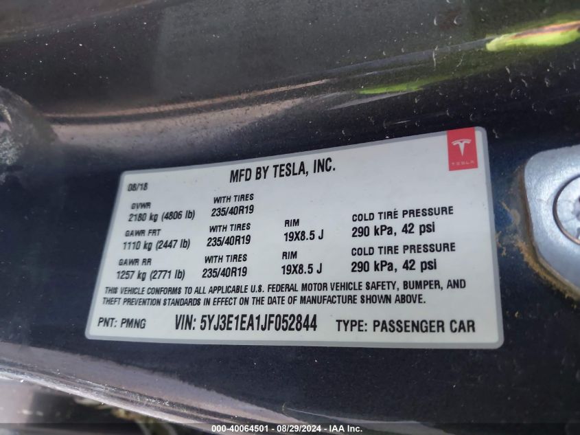 2018 Tesla Model 3 VIN: 5YJ3E1EA1JF052844 Lot: 40064501