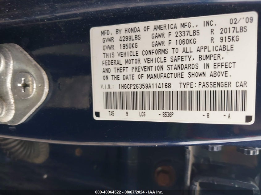 2009 Honda Accord 2.4 Lx VIN: 1HGCP26359A114168 Lot: 40064522