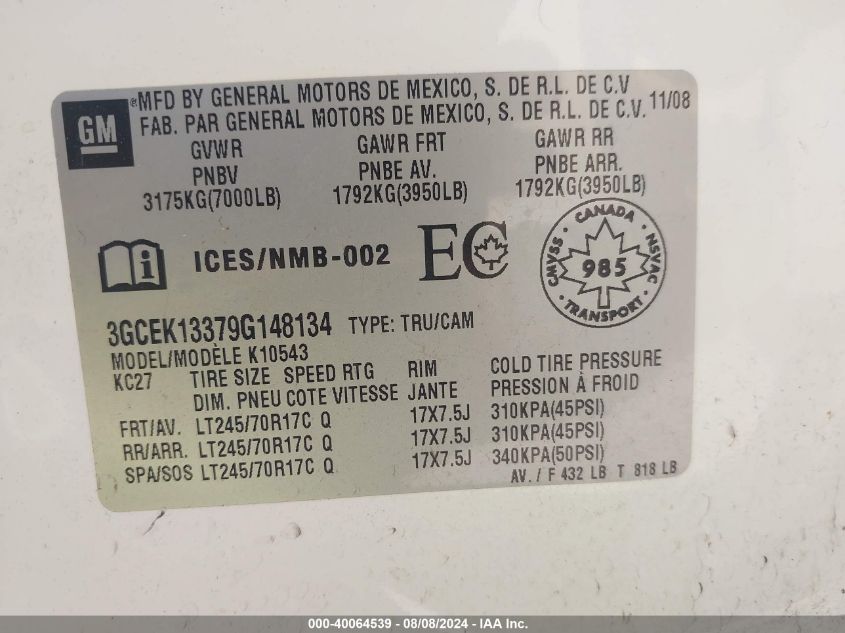 2009 Chevrolet Silverado 1500 Ltz/Work Truck VIN: 3GCEK13379G148134 Lot: 40064539