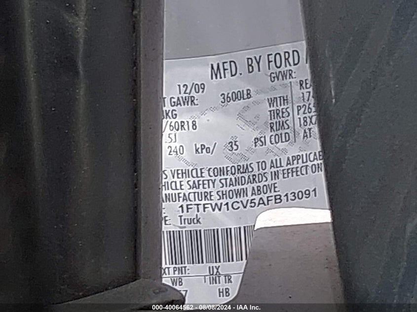 2010 Ford F-150 Fx2 Sport/Harley-Davidson/King Ranch/Lariat/Platinum/Xl/Xlt VIN: 1FTFW1CV5AFB13091 Lot: 40064562