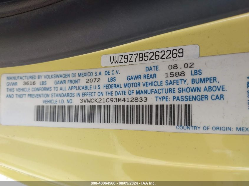 2003 Volkswagen New Beetle Gls VIN: 3VWCK21C93M412833 Lot: 40064568