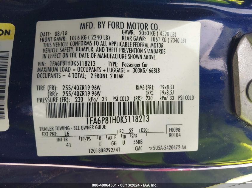 VIN 1FA6P8TH0K5118213 2019 FORD MUSTANG ECOBOOST PREMIUM