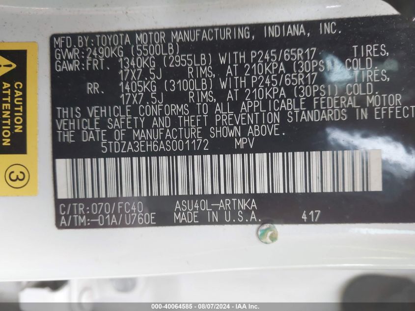 2010 Toyota Highlander VIN: 5TDZA3EH6AS001172 Lot: 40064585