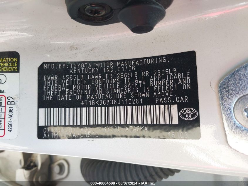 2006 Toyota Avalon Xls VIN: 4T1BK36B36U110261 Lot: 40064598