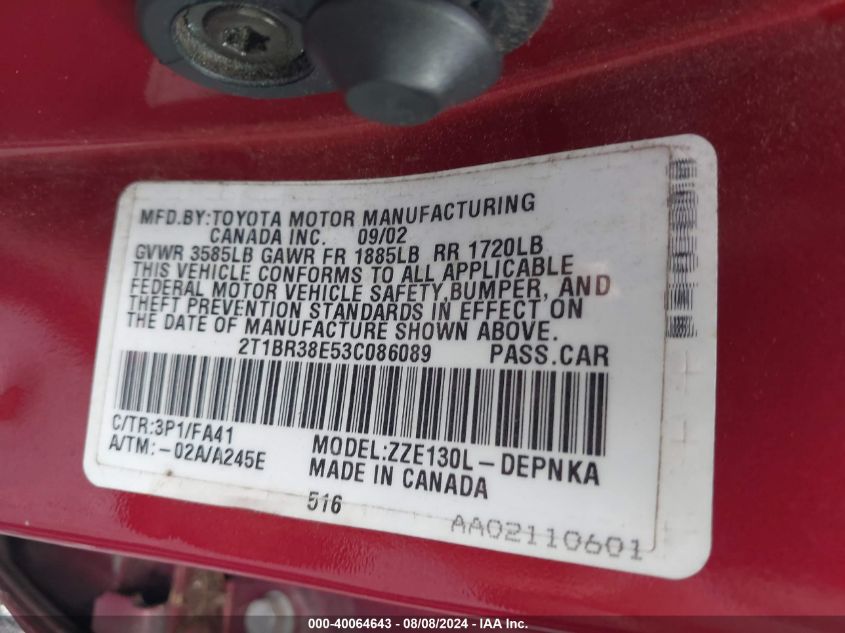 2003 Toyota Corolla Le VIN: 2T1BR38E53C086089 Lot: 40064643