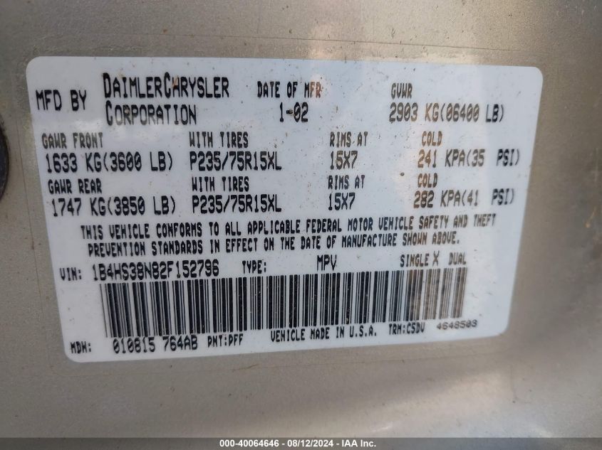 2002 Dodge Durango Sport VIN: 1B4HS38N82F152796 Lot: 40064646