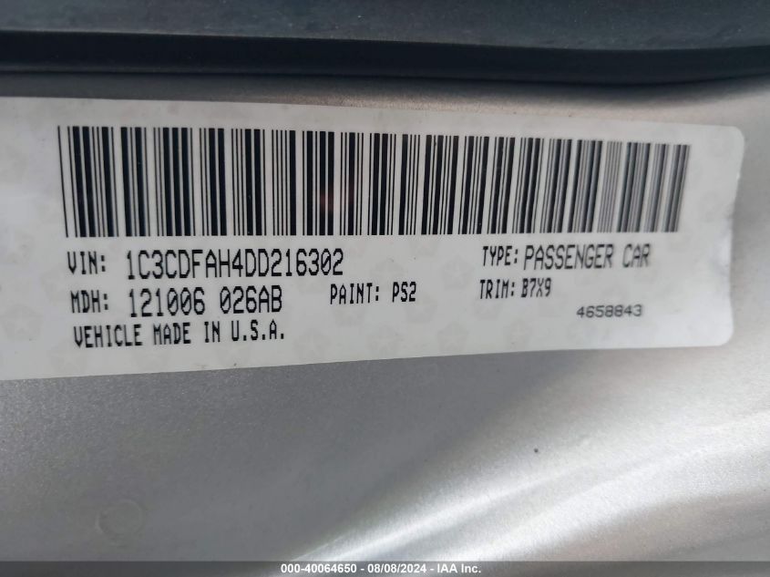 2013 Dodge Dart Aero VIN: 1C3CDFAH4DD216302 Lot: 40064650