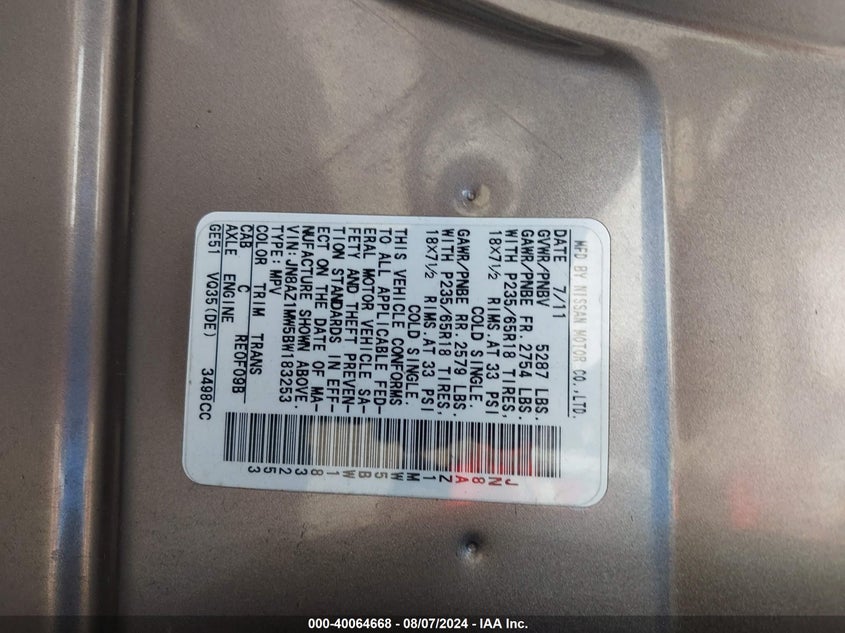 2011 Nissan Murano S VIN: JN8AZ1MW5BW183253 Lot: 40064668