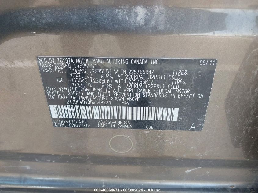 2011 Toyota Rav4 Limited VIN: 2T3DF4DV0BW149231 Lot: 40064671