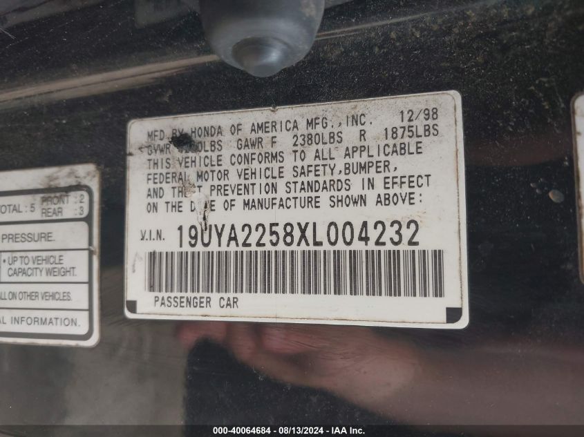 1999 Acura Cl 3.0 VIN: 19UYA2258XL004232 Lot: 40064684