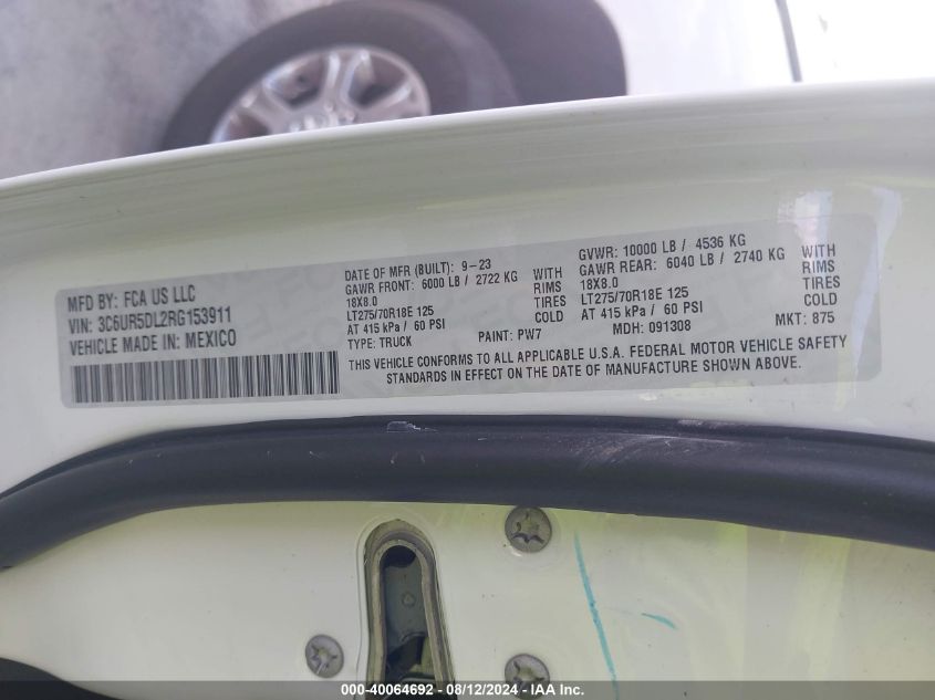 2024 Ram 2500 Big Horn VIN: 3C6UR5DL2RG153911 Lot: 40064692