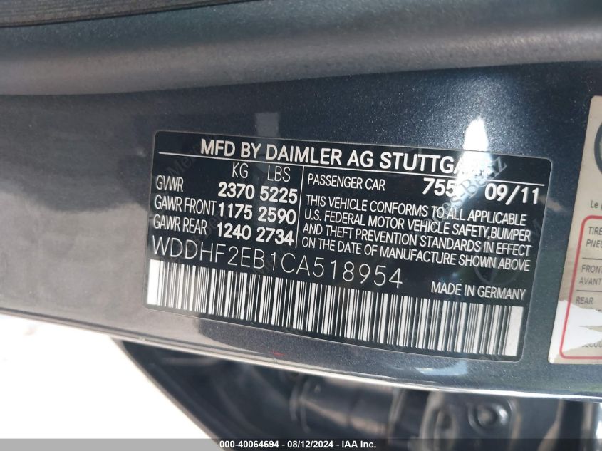 2012 Mercedes-Benz E 350 Bluetec VIN: WDDHF2EB1CA518954 Lot: 40064694