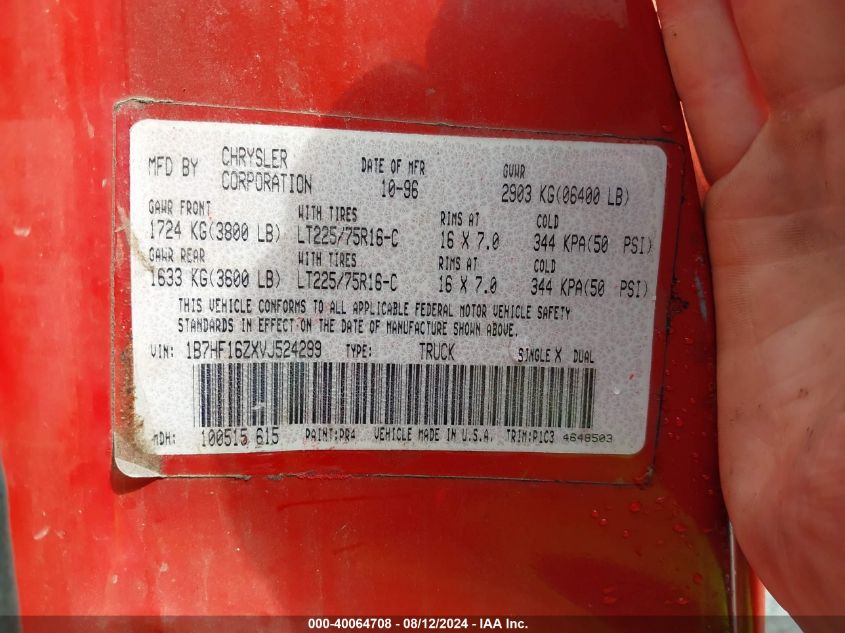 1997 Dodge Ram 1500 Lt VIN: 1B7HF16ZXVJ524299 Lot: 40064708