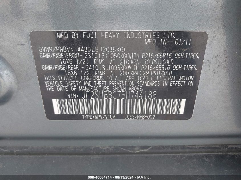 2011 Subaru Forester 2.5X VIN: JF2SHBBC7BH744186 Lot: 40064714