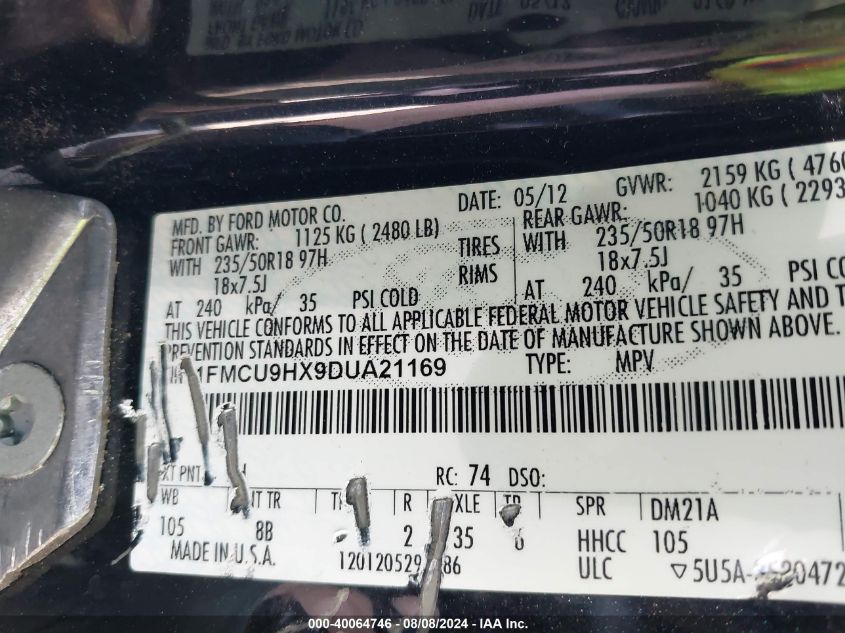 2013 Ford Escape Sel VIN: 1FMCU9HX9DUA21169 Lot: 40064746