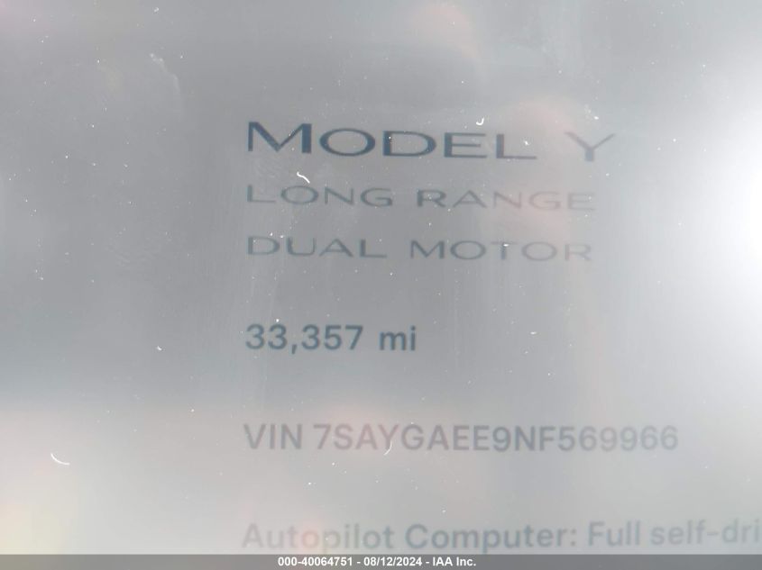 2022 Tesla Model Y Long Range Dual Motor All-Wheel Drive VIN: 7SAYGAEE9NF569966 Lot: 40064751