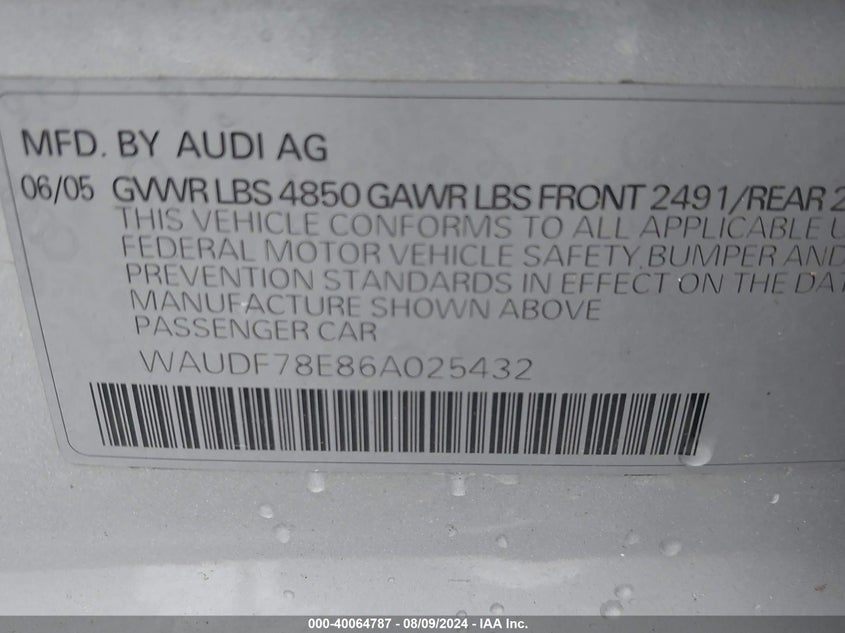 2006 Audi A4 2.0T VIN: WAUDF78E86A025432 Lot: 40064787