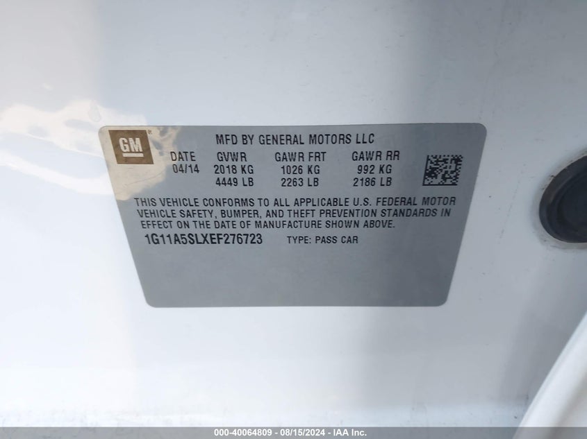 2014 Chevrolet Malibu Ls VIN: 1G11A5SLXEF276723 Lot: 40064809