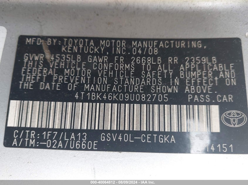2009 Toyota Camry Se/Le/Xle VIN: 4T1BK46K09U082705 Lot: 40064812