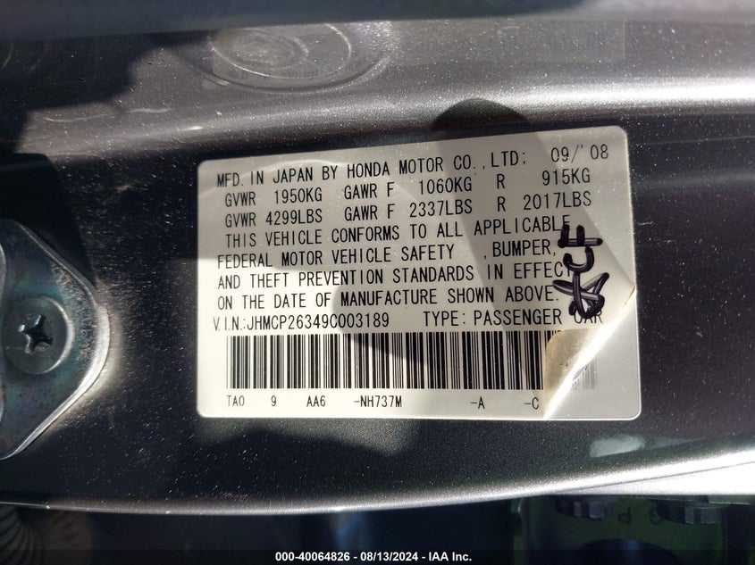 2009 Honda Accord 2.4 Lx VIN: JHMCP26349C003189 Lot: 40064826
