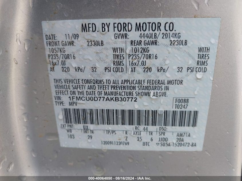 2010 Ford Escape Xlt VIN: 1FMCU0D77AKB30772 Lot: 40064850