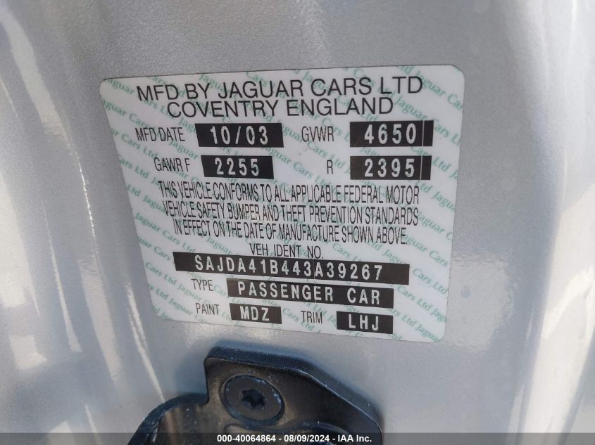 2004 Jaguar Xkr VIN: SAJDA41B443A39267 Lot: 40064864