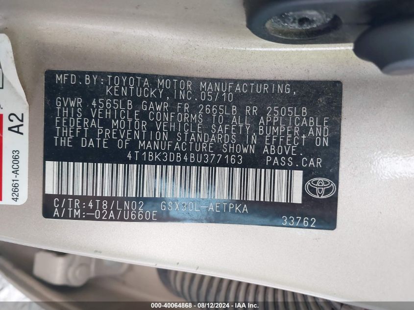 2011 Toyota Avalon Limited VIN: 4T1BK3DB4BU377163 Lot: 40064868