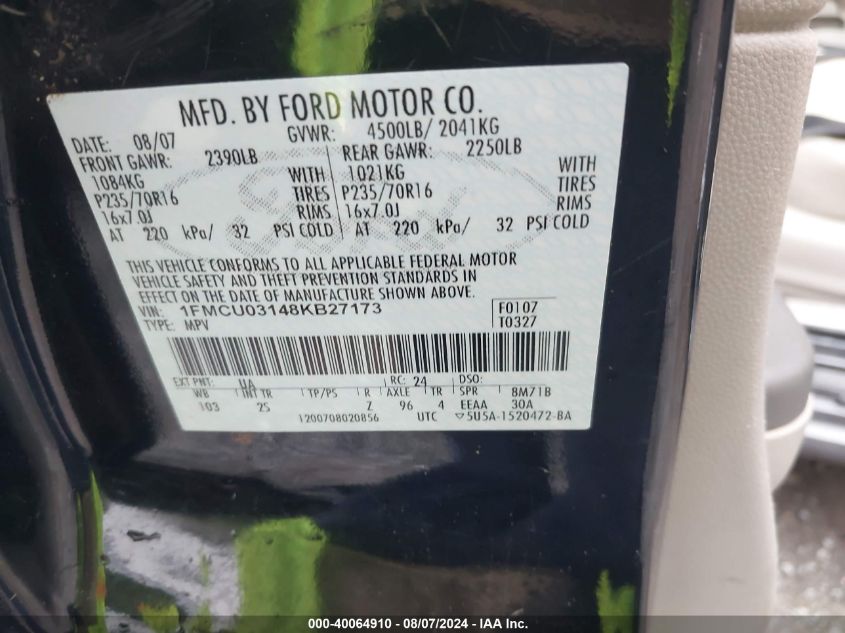 2008 Ford Escape Xlt VIN: 1FMCU03148KB27173 Lot: 40064910