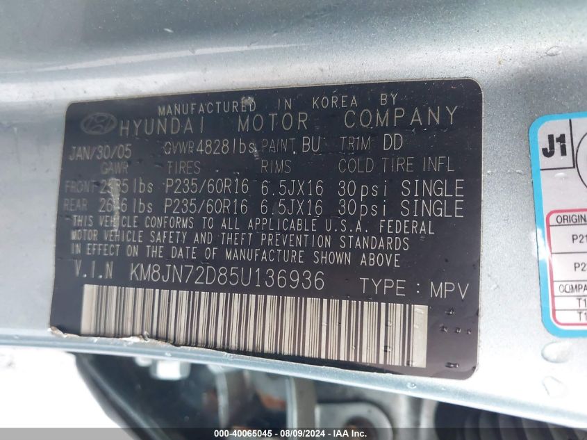 2005 Hyundai Tucson Gls/Lx VIN: KM8JN72D85U136936 Lot: 40065045