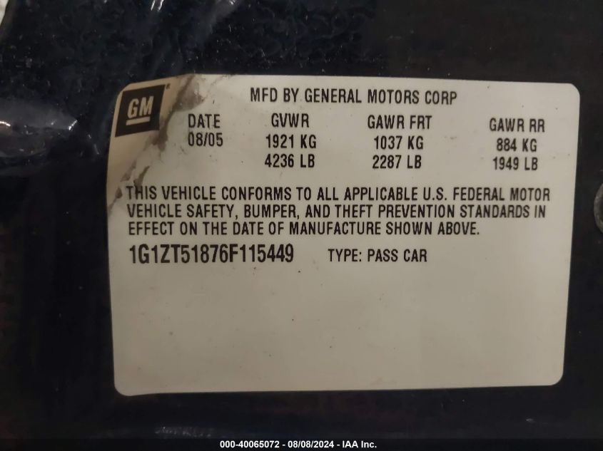 2006 Chevrolet Malibu Lt VIN: 1G1ZT51876F115449 Lot: 40065072