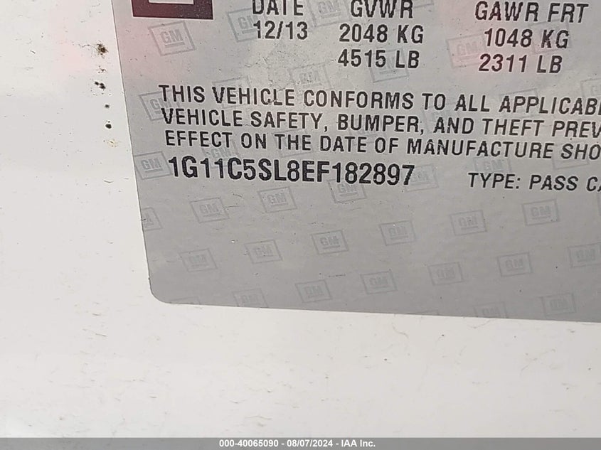 2014 Chevrolet Malibu 1Lt VIN: 1G11C5SL8EF182897 Lot: 40065090