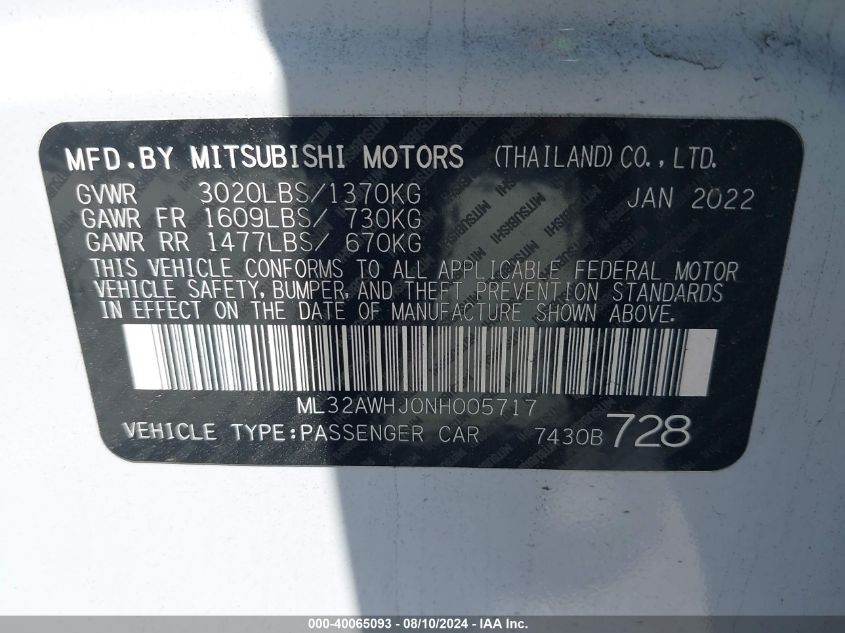 2022 Mitsubishi Mirage Black Edition/Se VIN: ML32AWHJ0NH005717 Lot: 40065093