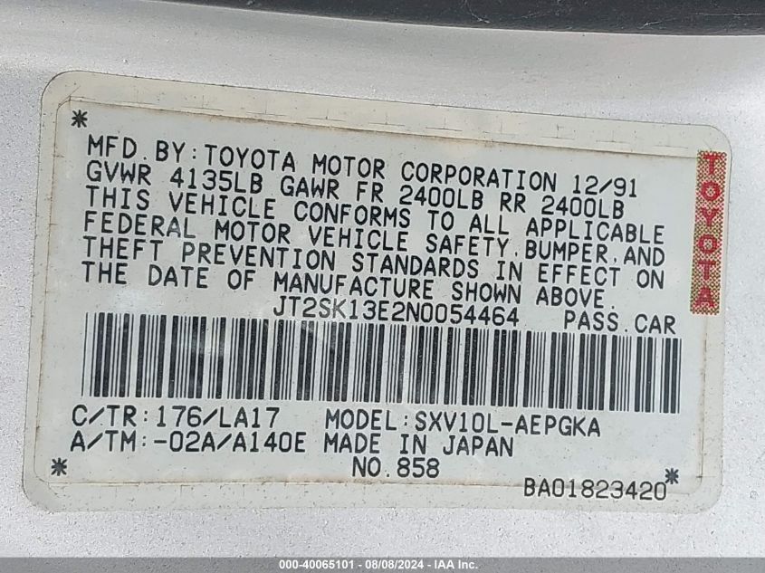 1992 Toyota Camry Xle VIN: JT2SK13E2N0054464 Lot: 40065101