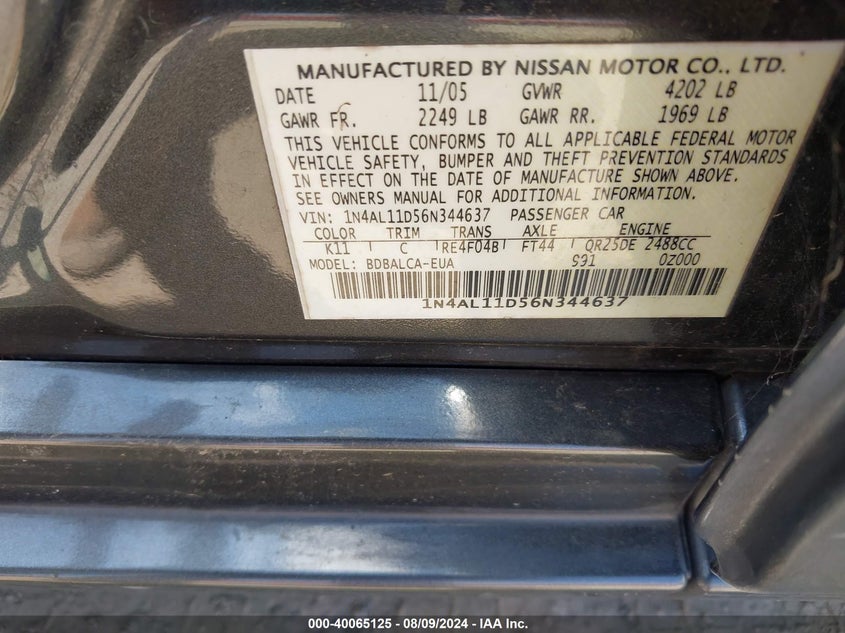 1N4AL11D56N344637 2006 Nissan Altima 2.5 S